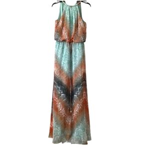 Vince Camuto Long Lined Halter Style Boho print Gold Link High Neck Maxi Dress